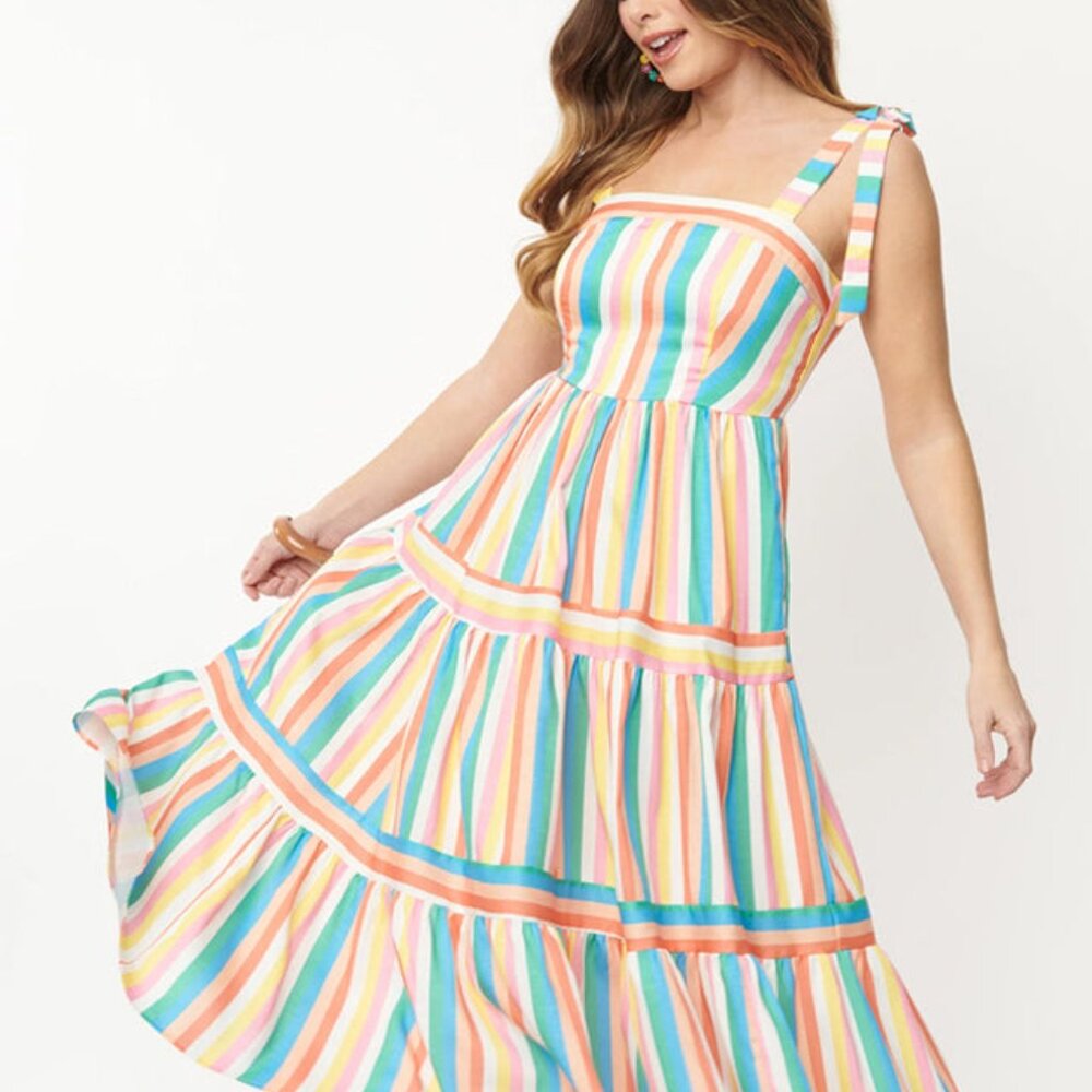 Rainbow Striped Tiered Midi Sun Dress by Unique Vintage